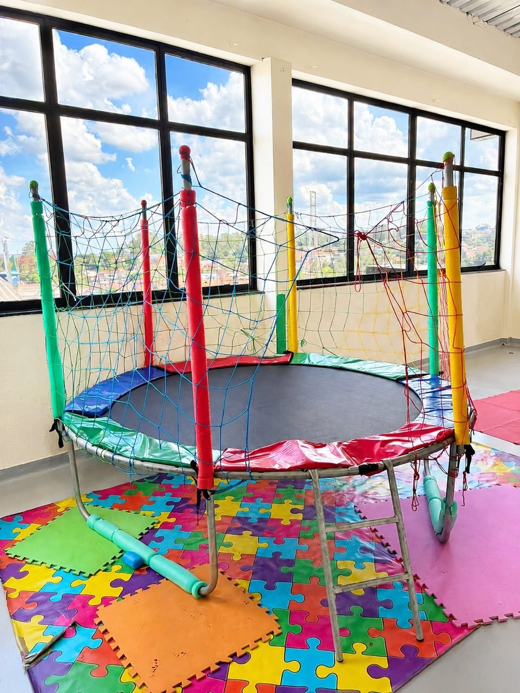 Cama elástica com rede de proteção colorida