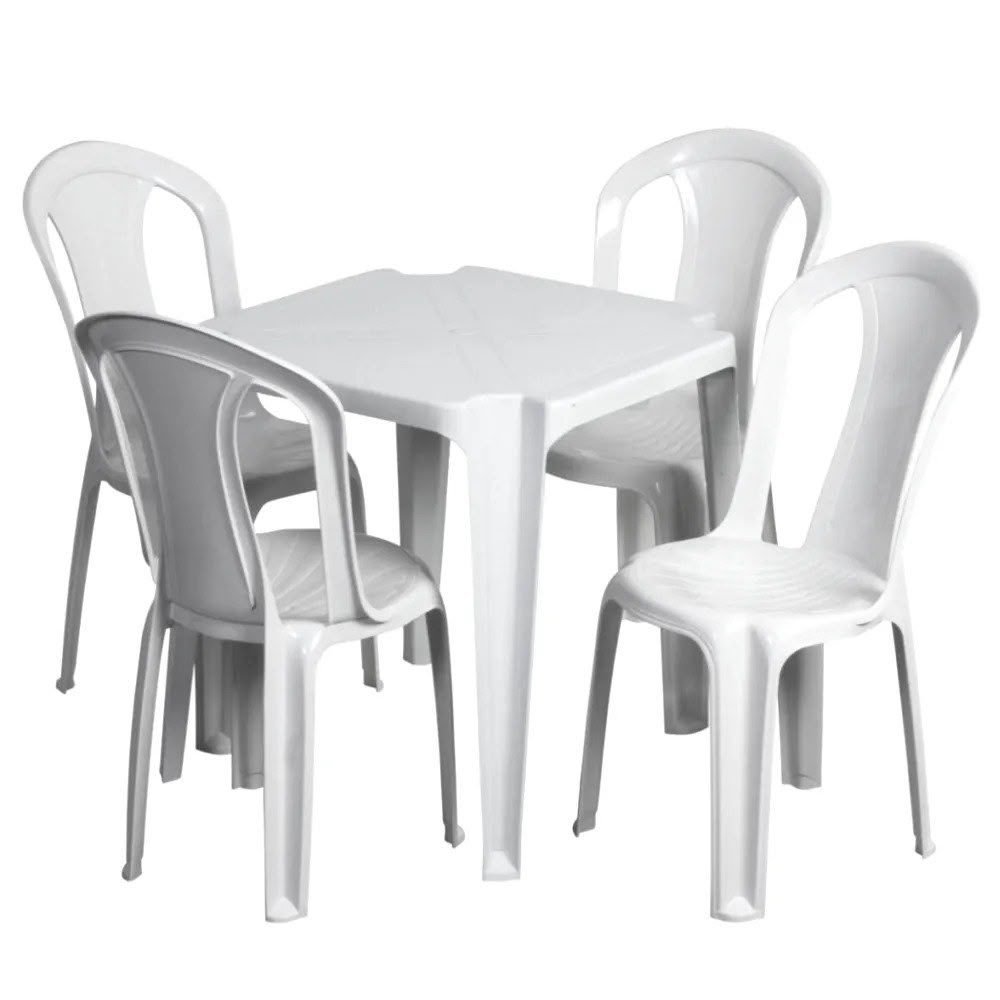 Mesa e cadeiras de PVC brancas